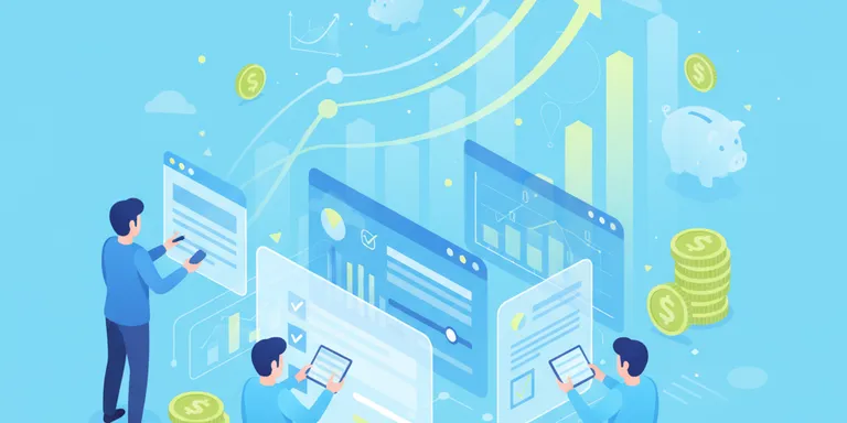 Abstract illustration of people interacting with various digital survey forms and data visualizations, floating against a backdrop of upward financial graphs and subtle money-saving motifs. The style is modern and clean, using a palette of blues, greens, and soft yellows to convey optimism and efficiency.