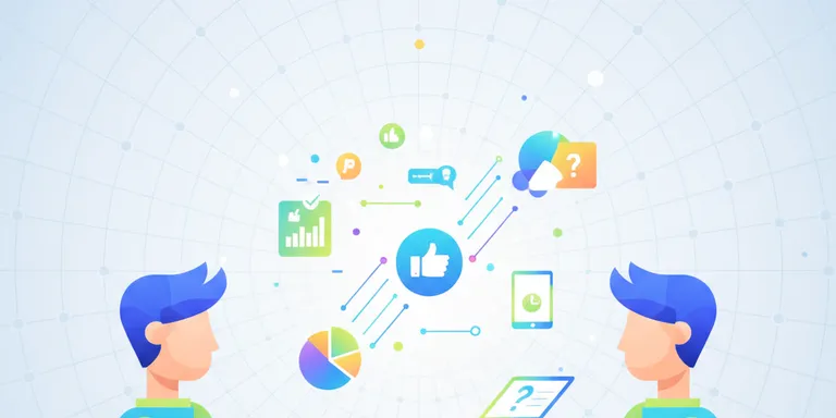 Stylized graphic depicting two individuals engaged in a collaborative exchange, where they are passing or sharing digital survey icons or devices. The background features a subtle network grid, symbolizing interconnectedness and mutual support, rendered in a bright, contemporary illustrative style.