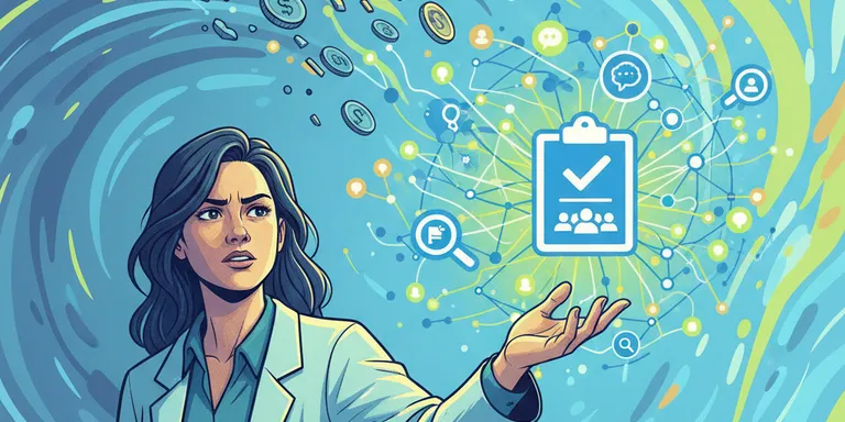 Dynamic illustration of a researcher grappling with budget constraints, visualized by abstract money symbols flying away, while a solution appears as glowing interconnected nodes forming a network for surveys. The mood is initially challenging but shifts towards optimistic problem-solving, using a cool blue and green color palette with contrasting warm accents.