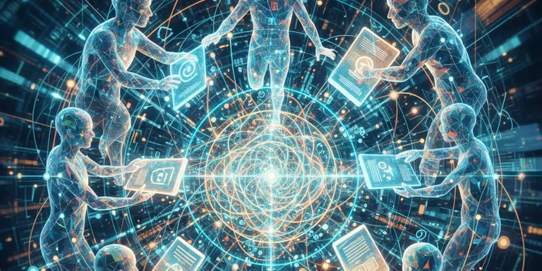 Abstract representation of multiple people collaborating and exchanging documents or digital tablets in a bustling, interconnected network. The composition emphasizes reciprocity and community, with colorful lines linking individuals and glowing data points. The style is modern and energetic, conveying cooperation.