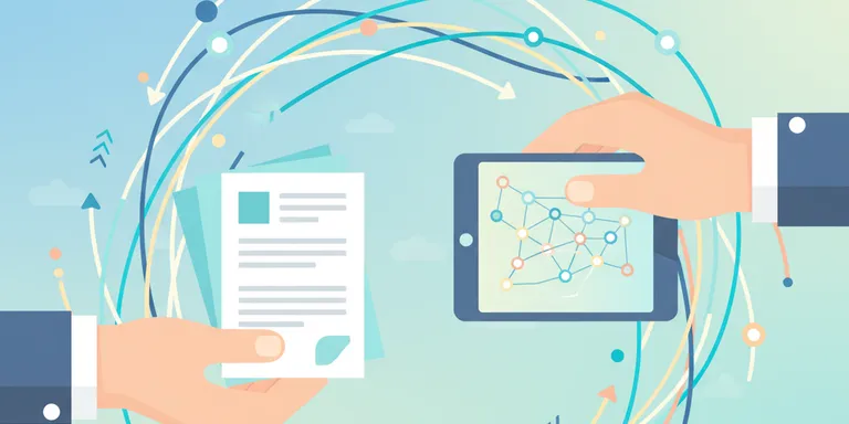 Illustration of two hands exchanging survey forms or digital tablets, symbolizing mutual exchange and collaboration. Interconnected lines and soft, inviting colors suggesting a community-driven process and fair trade.