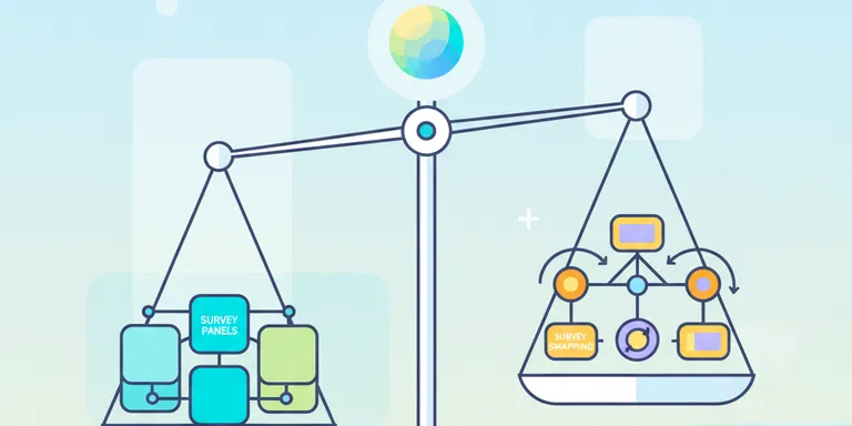 Conceptual illustration of a balanced scale or a decision tree, with distinct elements on each side representing survey panels and survey swapping. Clear, crisp lines and a focus on equilibrium, using a bright, optimistic color scheme to suggest clarity in decision-making.