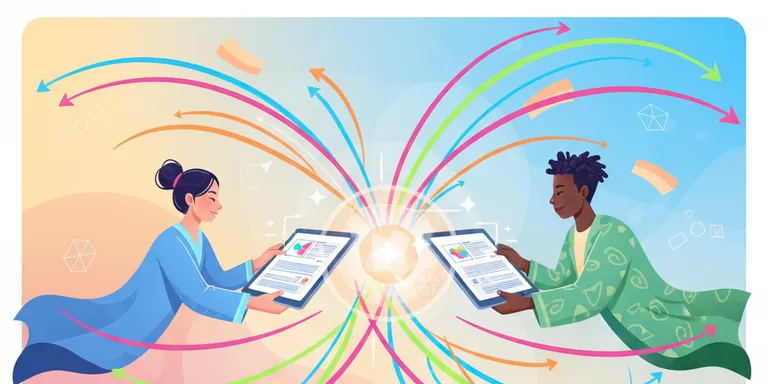Dynamic illustration showing two diverse individuals exchanging digital survey forms, with connecting lines and arrows suggesting a reciprocal network. The color palette is bright and collaborative, emphasizing mutual benefit.